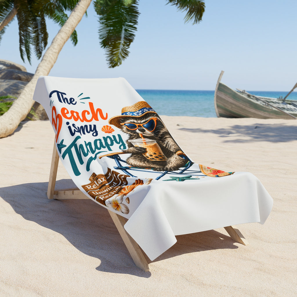 Funny Raccoon Beach Towel The Beach Is My Therapy" Gift, Cute Animal Summer Towel, Boba Tea Raccoon