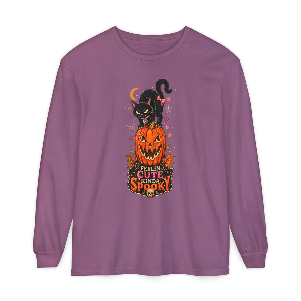 Halloween Season Spooky Black Cat Comfort Colors Long Sleeve Shirts, Cute Witchy Cat Tee, Feelin Cute Kinda Spooky Pumpkin Gift