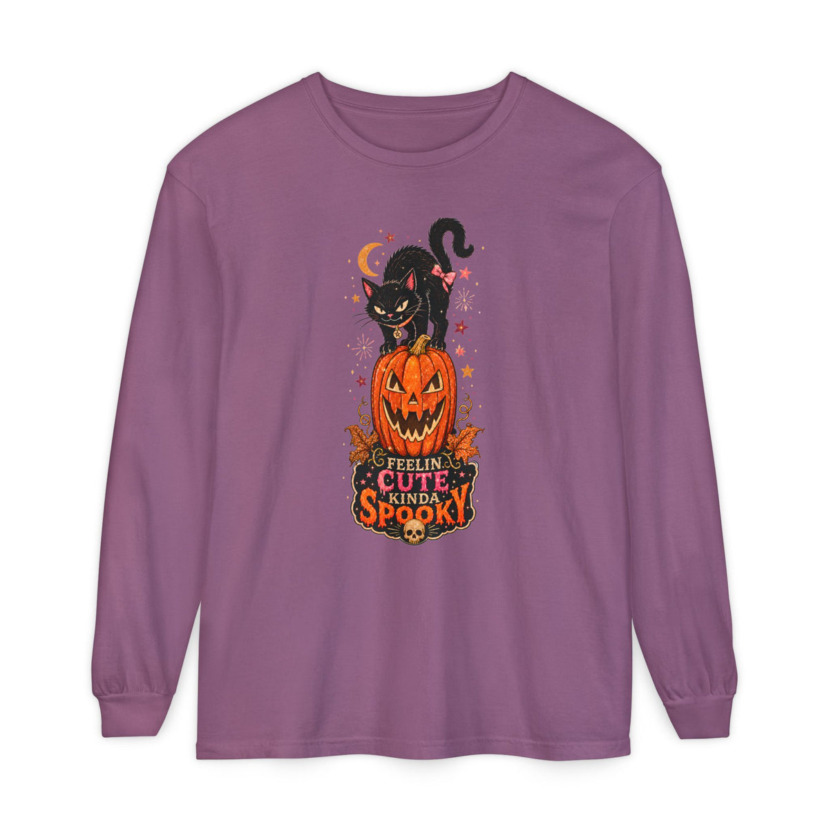 Halloween Season Spooky Black Cat Comfort Colors Long Sleeve Shirts, Cute Witchy Cat Tee, Feelin Cute Kinda Spooky Pumpkin Gift