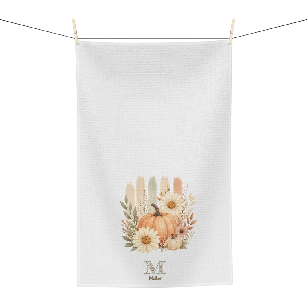 Personalized Fall Pumpkin Tea Towel, Custom Monogram Kitchen Towel, Autumn Daisy Floral Dish Towel, Farmhouse Decor, Housewarming Gift