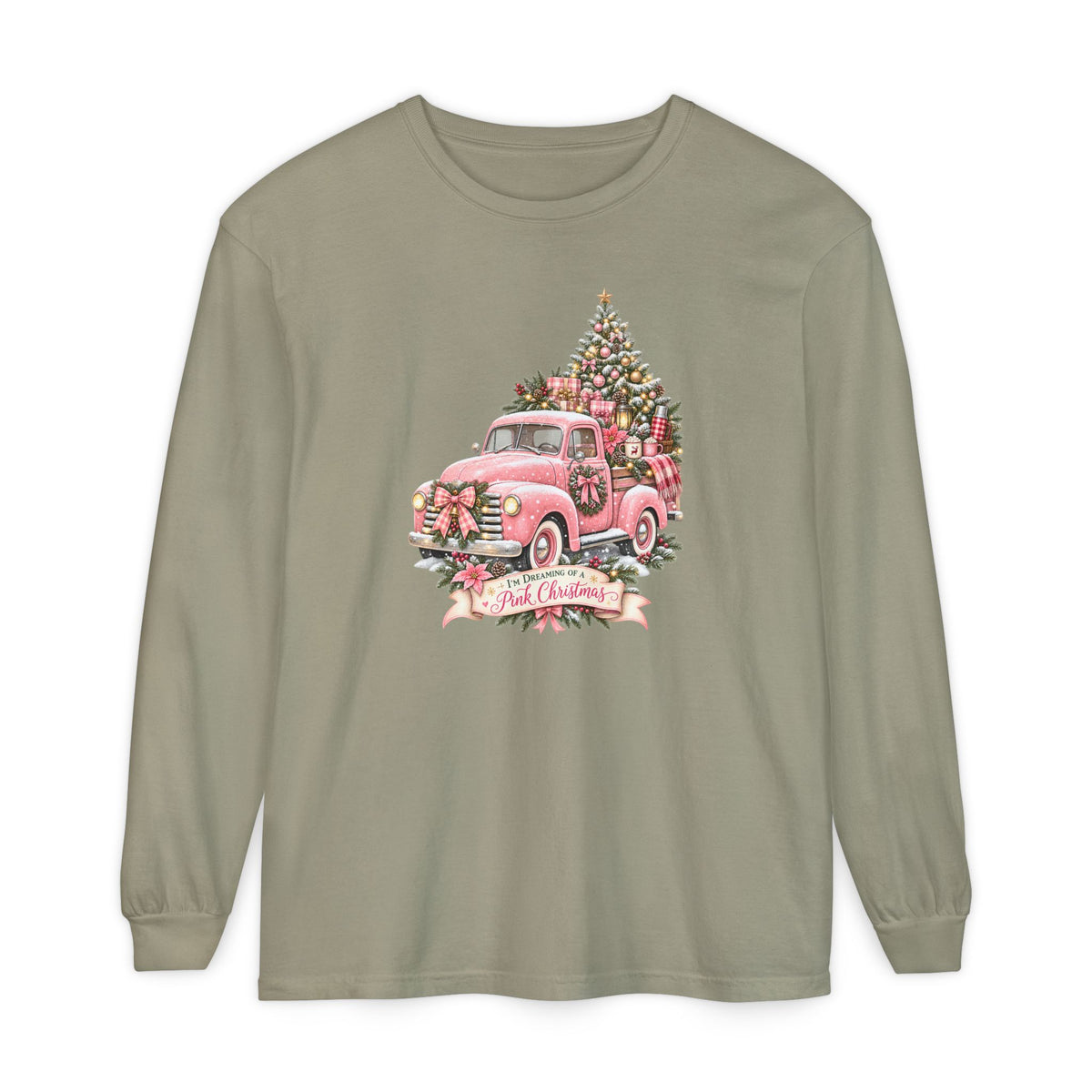 Pink Christmas Shirt, Trendy Christmas Sweatshirt, Pink Truck Christmas Tree Long Sleeve Shirt, Dreaming of a Pink Christmas Tee