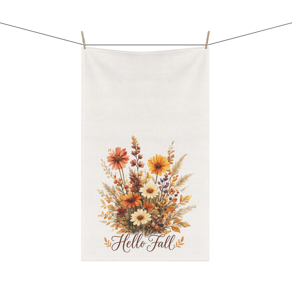 Hello Fall Wildflower Bouquet Kitchen Towel a cozy autumn touch for your kitchen and a thoughtful hostess, housewarming or Thanksgiving gift