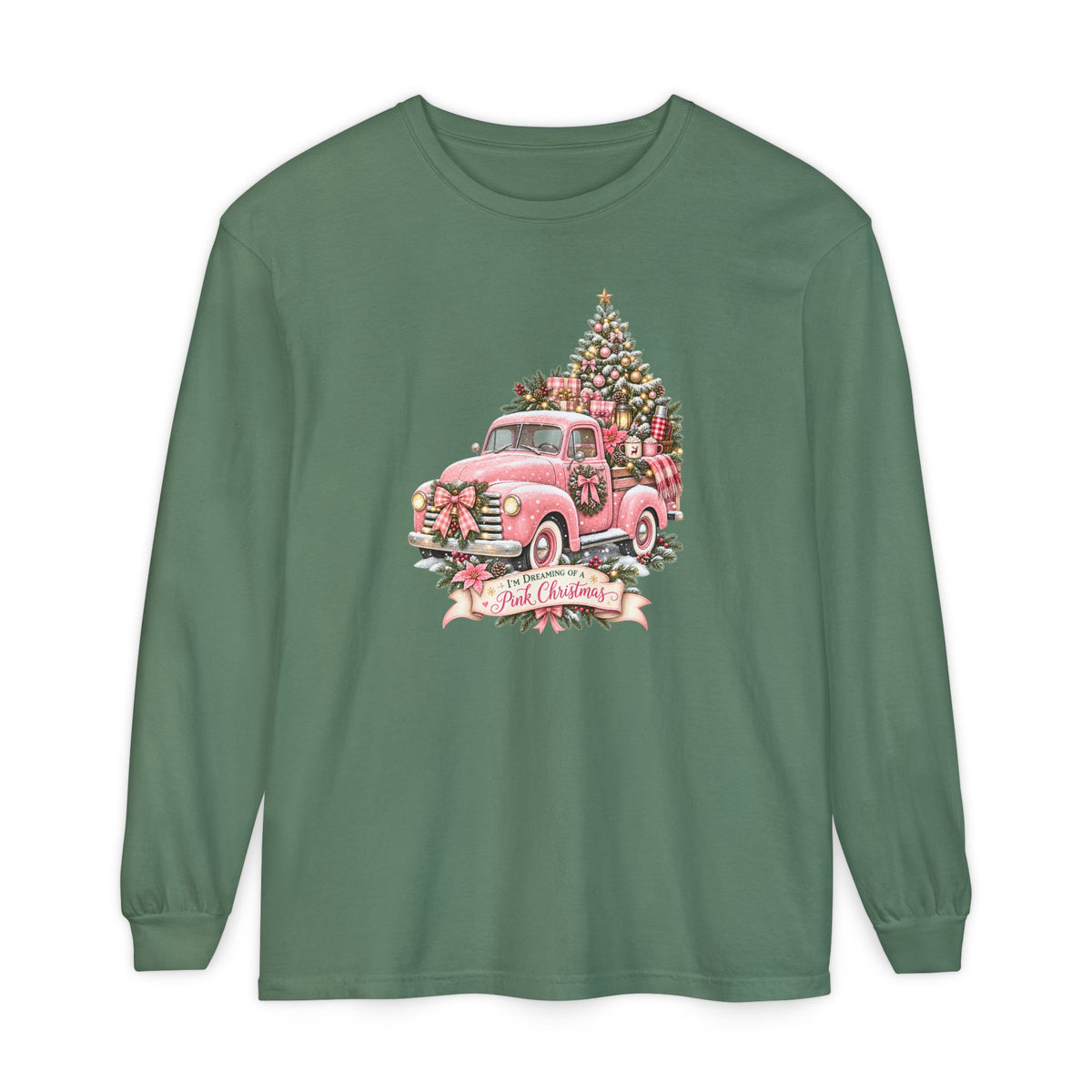 Pink Christmas Shirt, Trendy Christmas Sweatshirt, Pink Truck Christmas Tree Long Sleeve Shirt, Dreaming of a Pink Christmas Tee