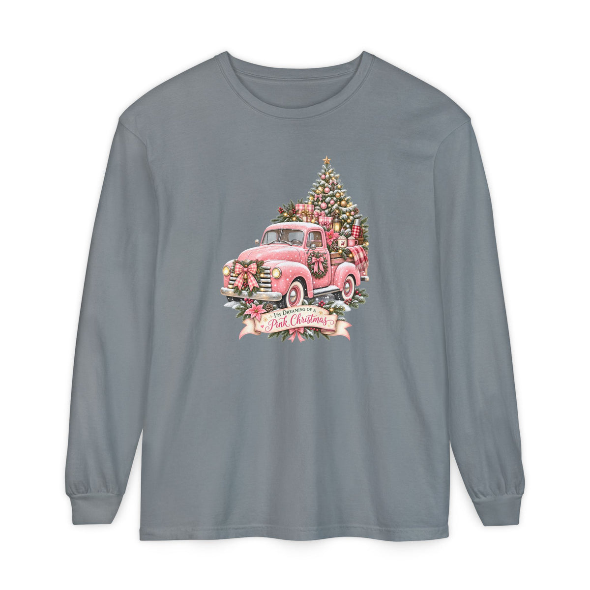 Pink Christmas Shirt, Trendy Christmas Sweatshirt, Pink Truck Christmas Tree Long Sleeve Shirt, Dreaming of a Pink Christmas Tee