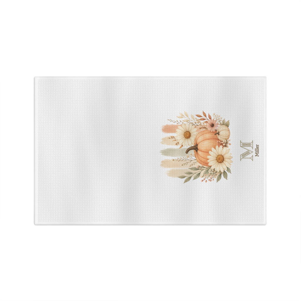 Personalized Fall Pumpkin Tea Towel, Custom Monogram Kitchen Towel, Autumn Daisy Floral Dish Towel, Farmhouse Decor, Housewarming Gift