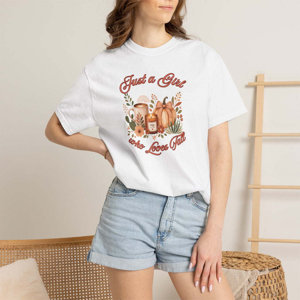 Just a Girl Who Loves Fall Shirt | Pumpkin Latte Tee | Autumn Women's Graphic Tee | Fall Season Shirt | Cozy Fall Gift for Her