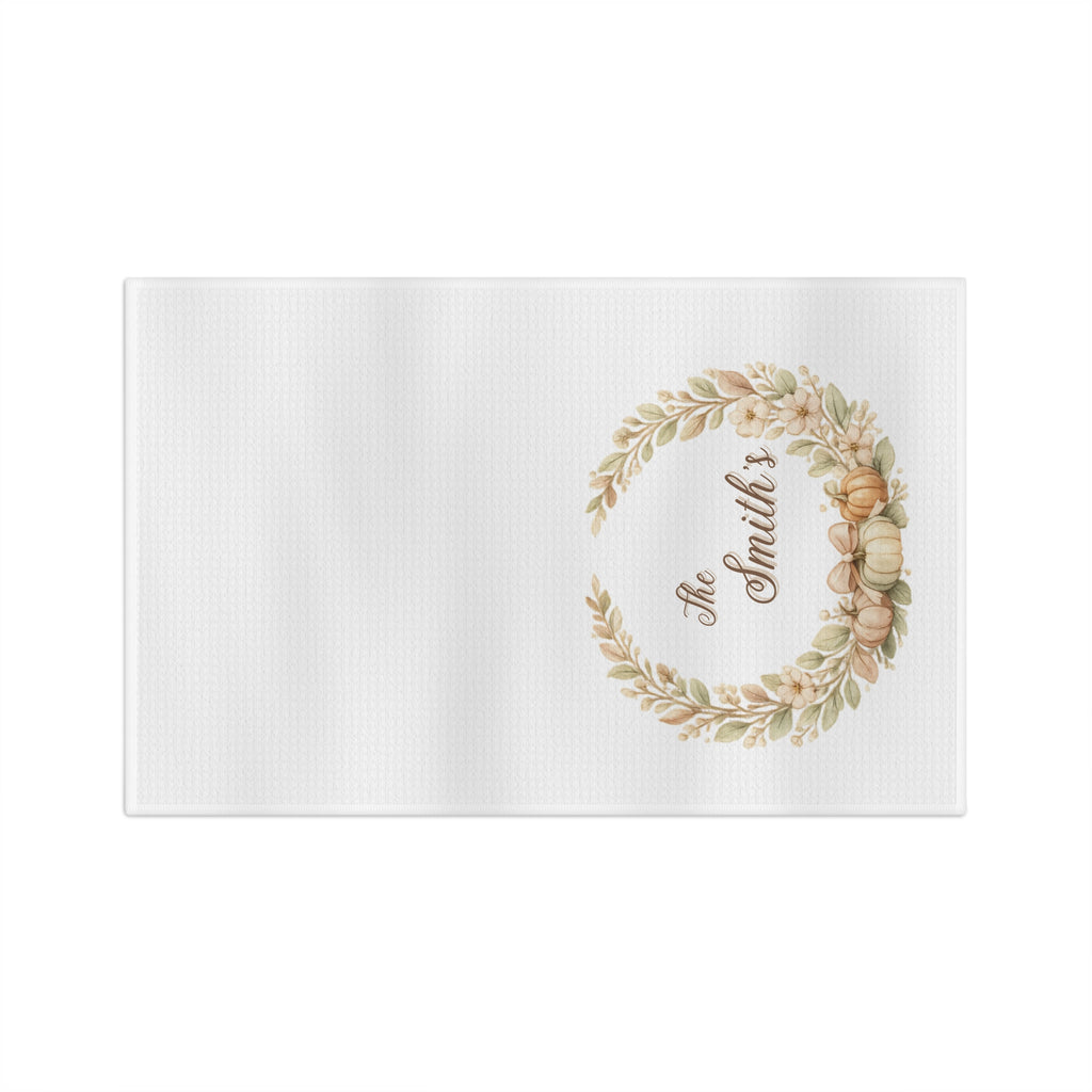 Personalized Fall Pumpkin Wreath Kitchen Towel, Custom Family Name Tea Towel, Autumn Farmhouse Housewarming Gift, Thanksgiving Decor