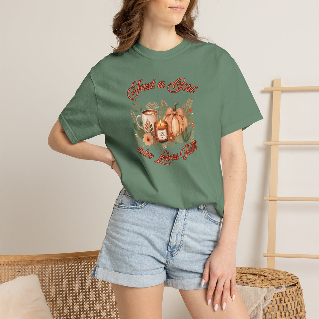 Just a Girl Who Loves Fall Shirt | Pumpkin Latte Tee | Autumn Women's Graphic Tee | Fall Season Shirt | Cozy Fall Gift for Her