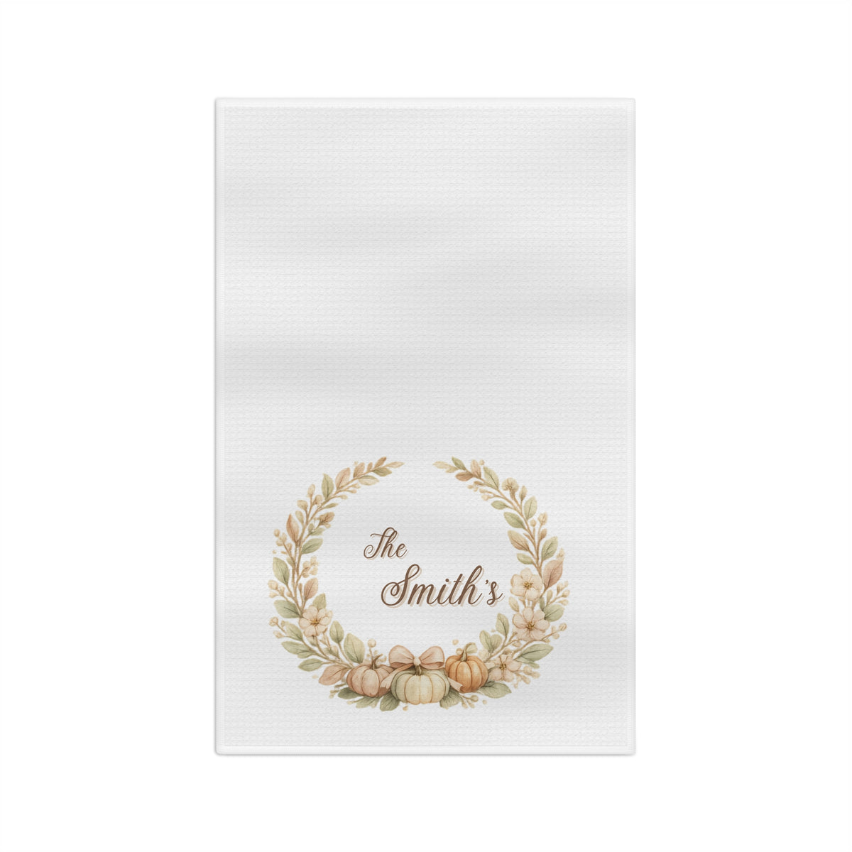 Personalized Fall Pumpkin Wreath Kitchen Towel, Custom Family Name Tea Towel, Autumn Farmhouse Housewarming Gift, Thanksgiving Decor