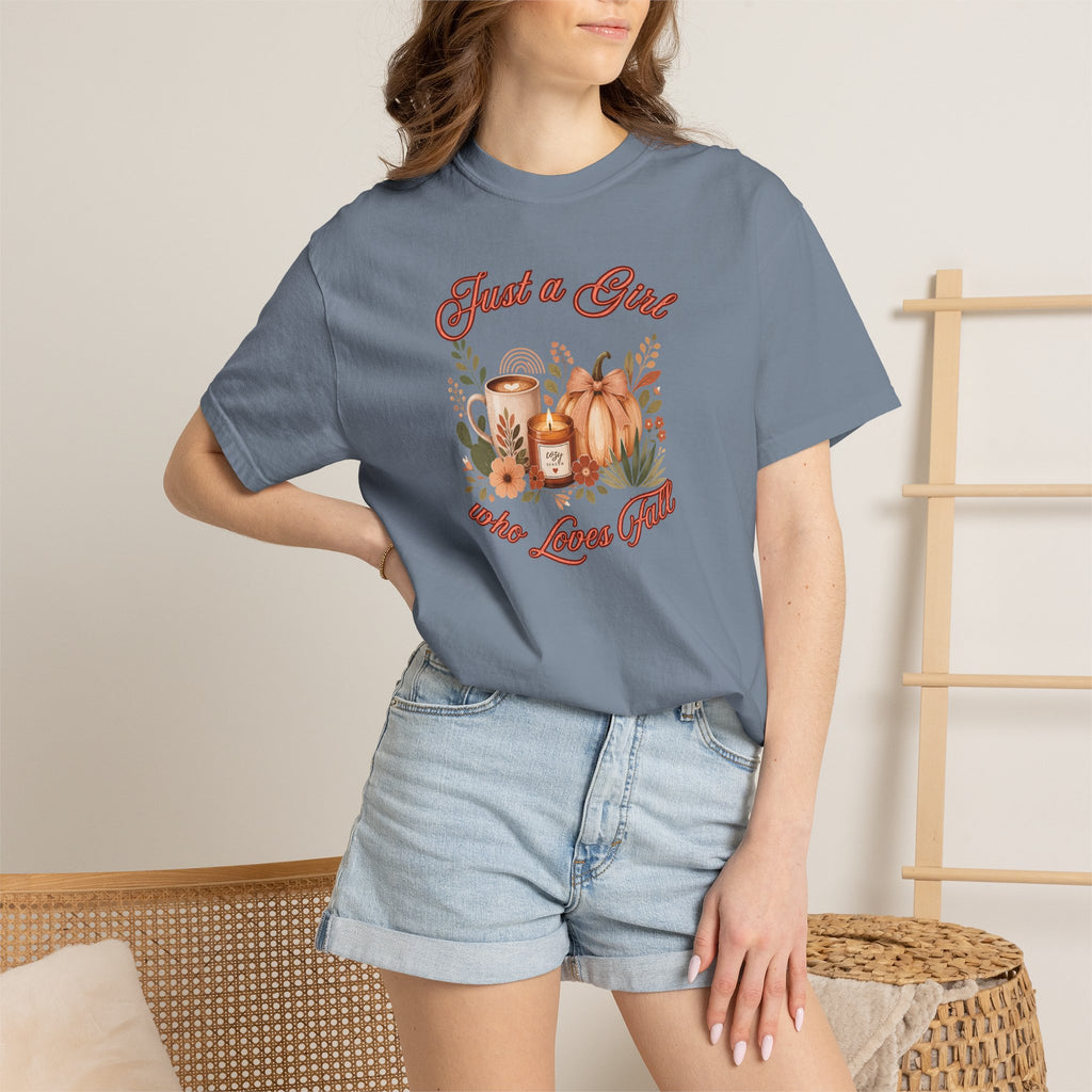 Just a Girl Who Loves Fall Shirt | Pumpkin Latte Tee | Autumn Women's Graphic Tee | Fall Season Shirt | Cozy Fall Gift for Her