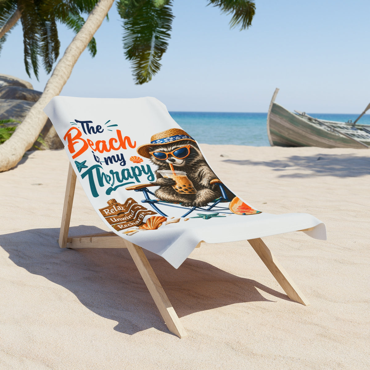 Funny Raccoon Beach Towel The Beach Is My Therapy" Gift, Cute Animal Summer Towel, Boba Tea Raccoon