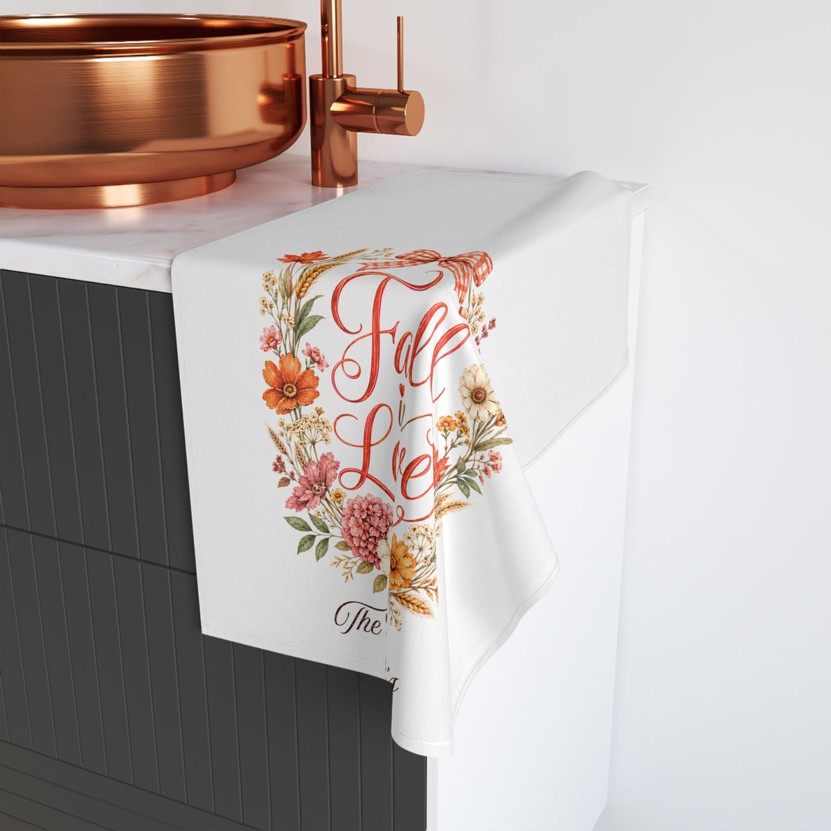 Personalized Fall Kitchen Towel, Fall in Love Wildflower Wreath, Custom Name Tea Towel, Farmhouse Autumn Decor, Housewarming Gift