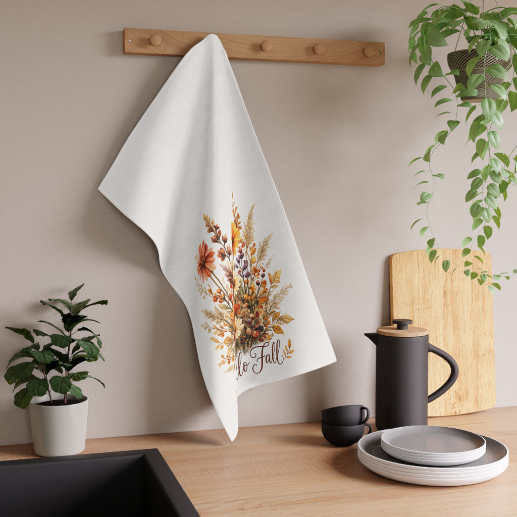 Hello Fall Wildflower Bouquet Kitchen Towel a cozy autumn touch for your kitchen and a thoughtful hostess, housewarming or Thanksgiving gift