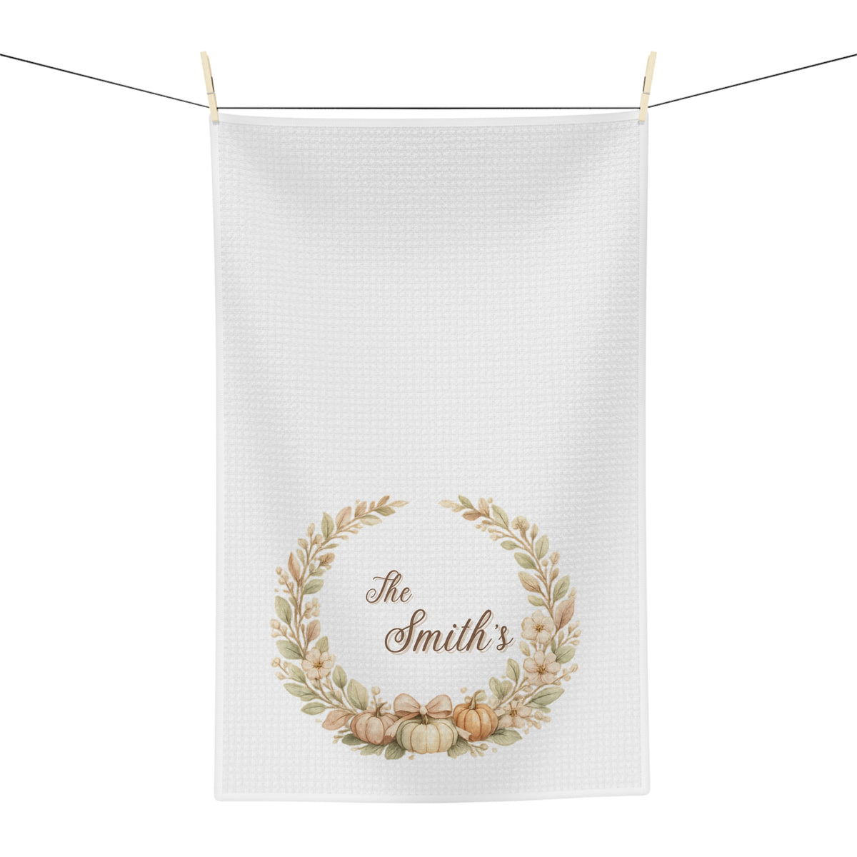 Personalized Fall Pumpkin Wreath Kitchen Towel, Custom Family Name Tea Towel, Autumn Farmhouse Housewarming Gift, Thanksgiving Decor