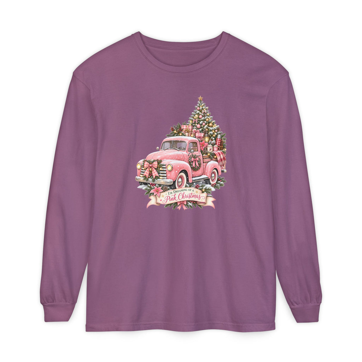 Pink Christmas Shirt, Trendy Christmas Sweatshirt, Pink Truck Christmas Tree Long Sleeve Shirt, Dreaming of a Pink Christmas Tee