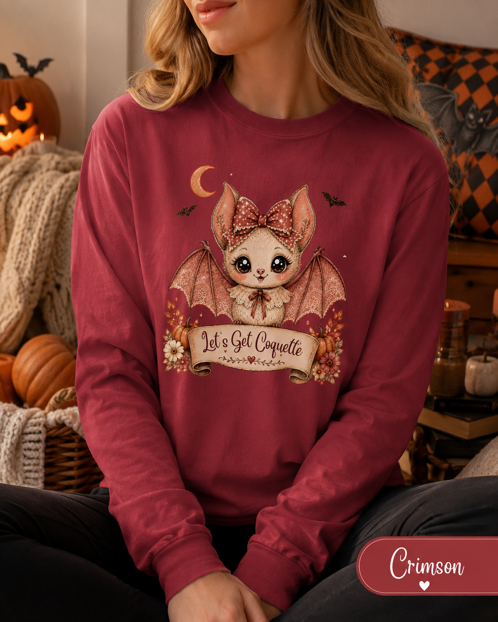 Halloween Bat Shirt, Coquette Bat Tee, Pink Halloween Shirt, Cute Bat Shirt, Halloween Gift for Women, Let's Get Coquette Long Sleeve Tee