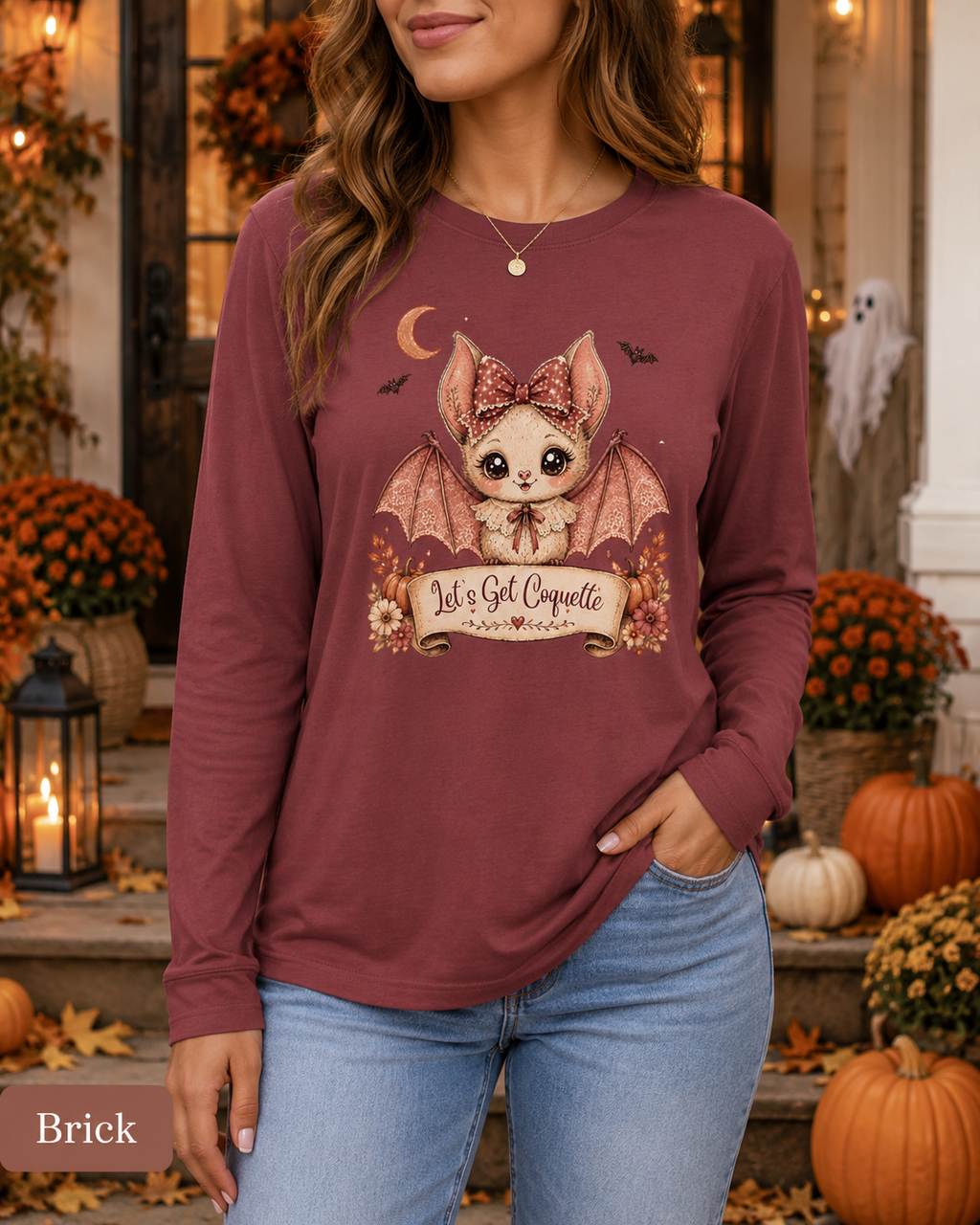 Halloween Bat Shirt, Coquette Bat Tee, Pink Halloween Shirt, Cute Bat Shirt, Halloween Gift for Women, Let's Get Coquette Long Sleeve Tee