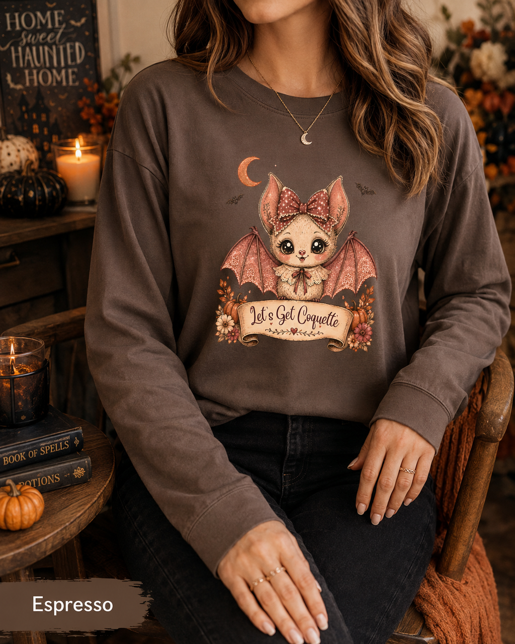 Halloween Bat Shirt, Coquette Bat Tee, Pink Halloween Shirt, Cute Bat Shirt, Halloween Gift for Women, Let's Get Coquette Long Sleeve Tee