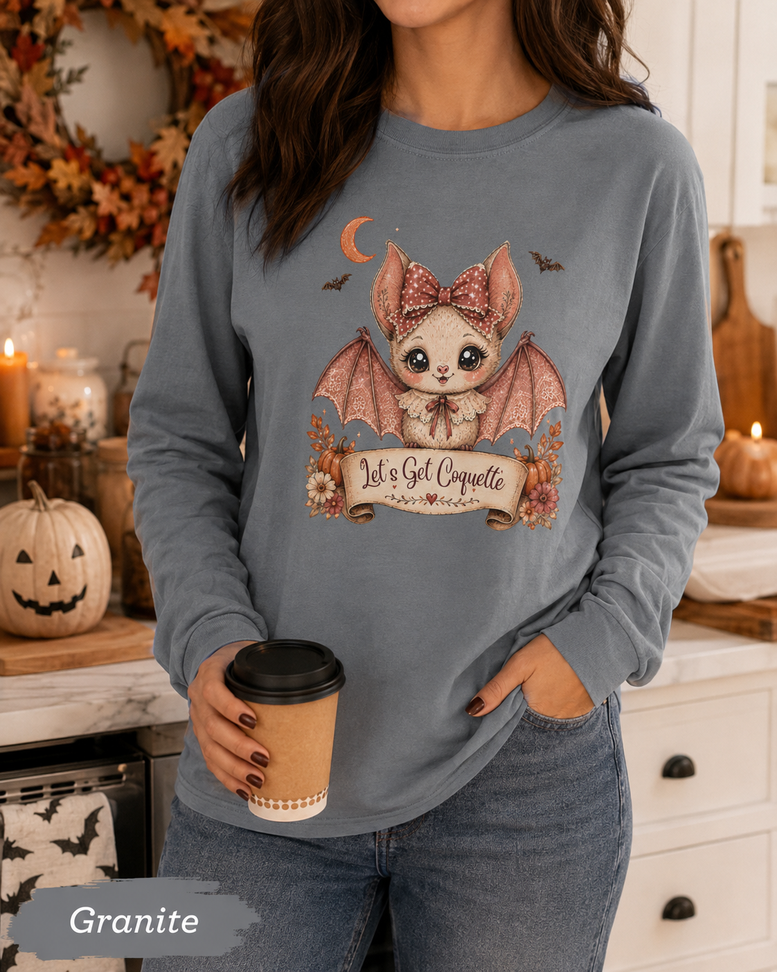 Halloween Bat Shirt, Coquette Bat Tee, Pink Halloween Shirt, Cute Bat Shirt, Halloween Gift for Women, Let's Get Coquette Long Sleeve Tee