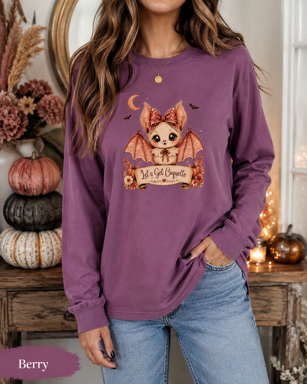 Halloween Bat Shirt, Coquette Bat Tee, Pink Halloween Shirt, Cute Bat Shirt, Halloween Gift for Women, Let's Get Coquette Long Sleeve Tee