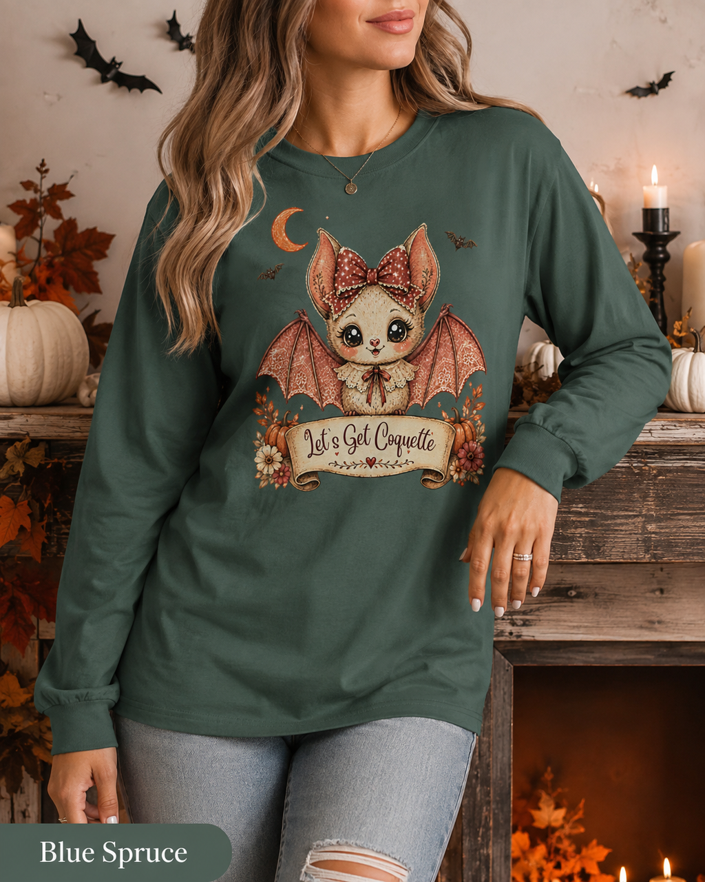 Halloween Bat Shirt, Coquette Bat Tee, Pink Halloween Shirt, Cute Bat Shirt, Halloween Gift for Women, Let's Get Coquette Long Sleeve Tee
