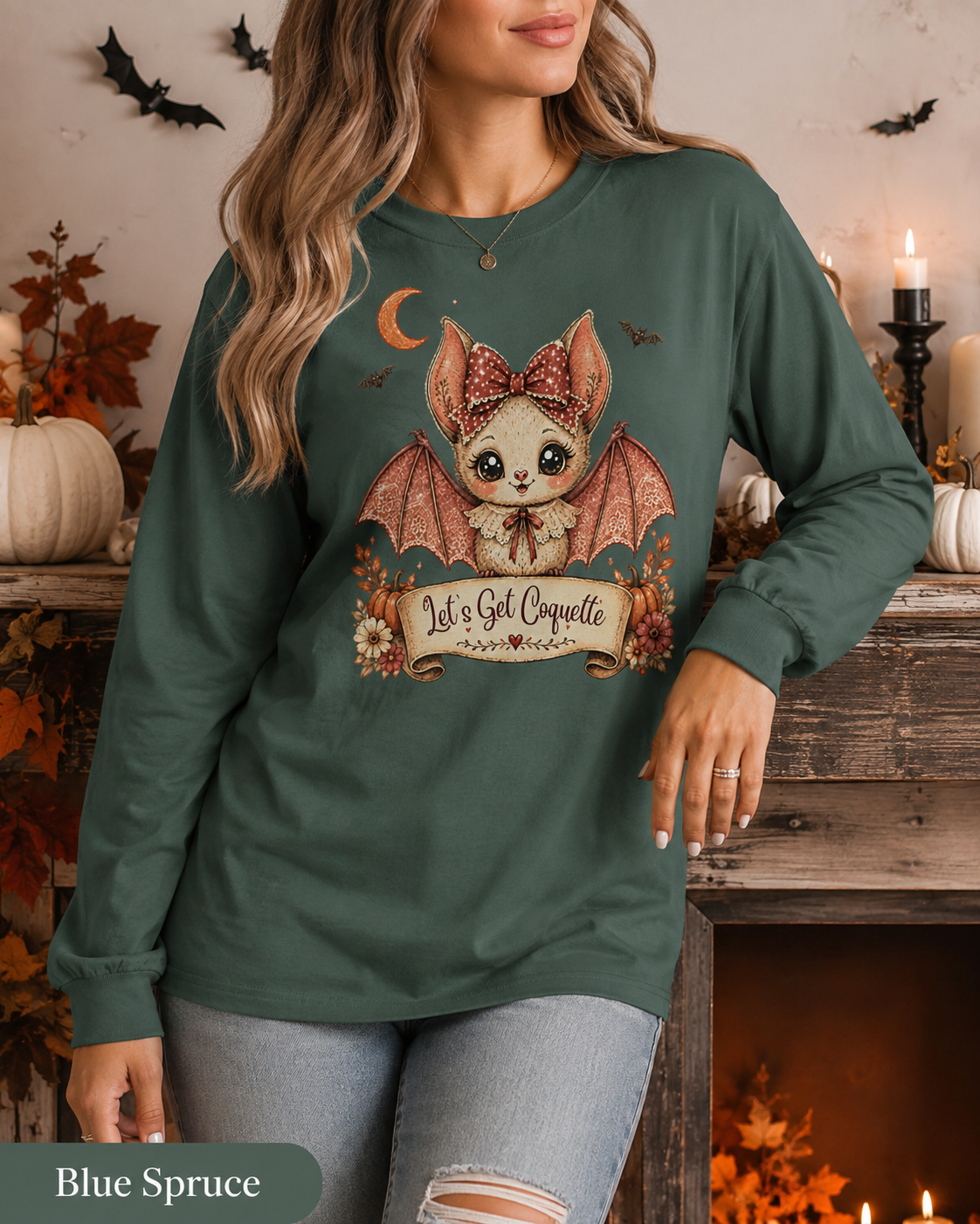 Halloween Bat Shirt, Coquette Bat Tee, Pink Halloween Shirt, Cute Bat Shirt, Halloween Gift for Women, Let's Get Coquette Long Sleeve Tee