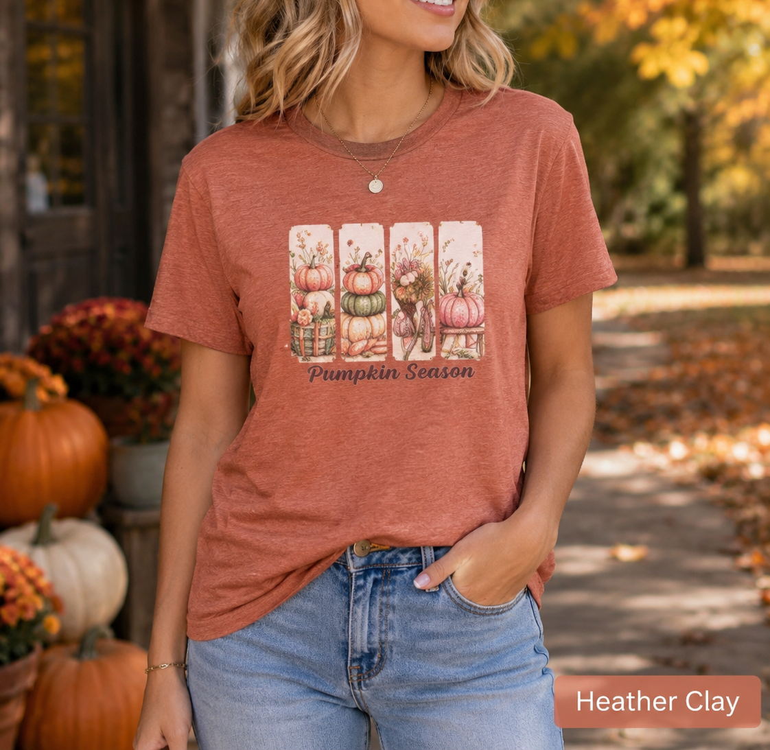 Pumpkin Season Shirt, Vintage Fall Postcard Tee, Cottagecore Autumn T-Shirt, Retro Pumpkin Patch Graphic Tee, Fall Season Women's Shirt
