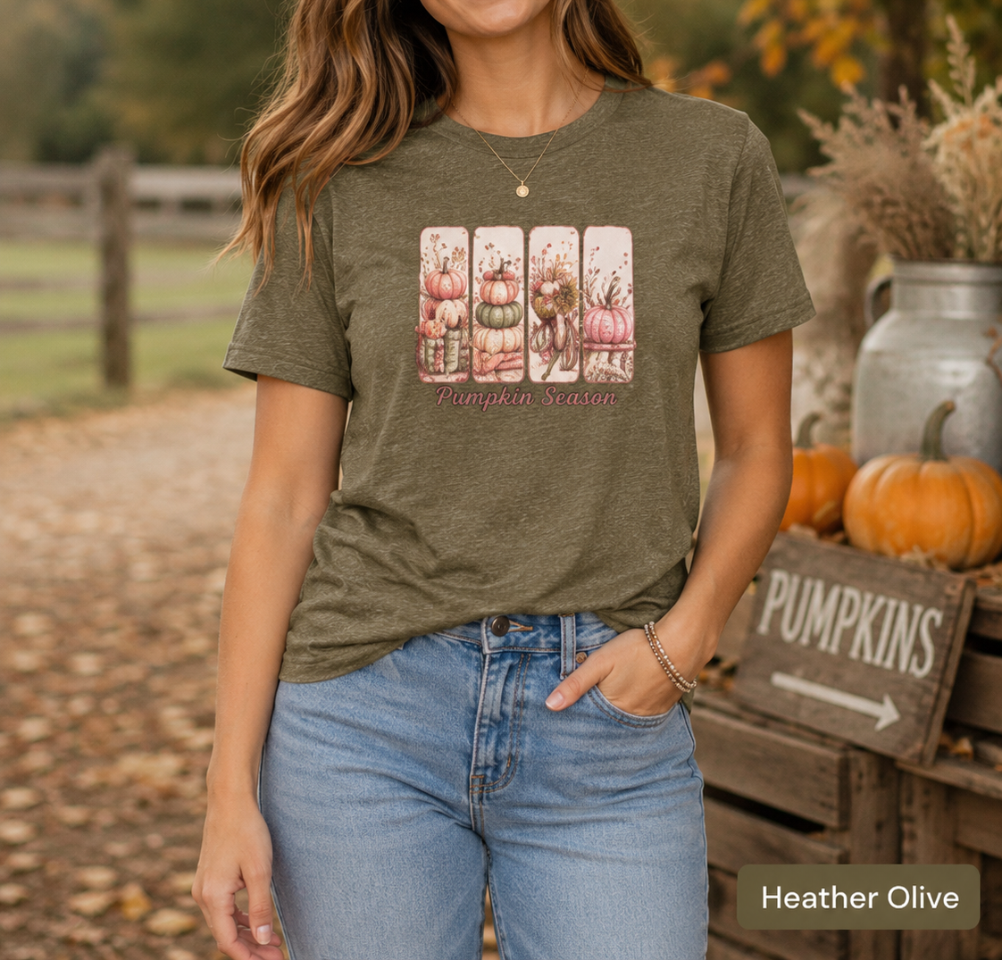 Pumpkin Season Shirt, Vintage Fall Postcard Tee, Cottagecore Autumn T-Shirt, Retro Pumpkin Patch Graphic Tee, Fall Season Women's Shirt