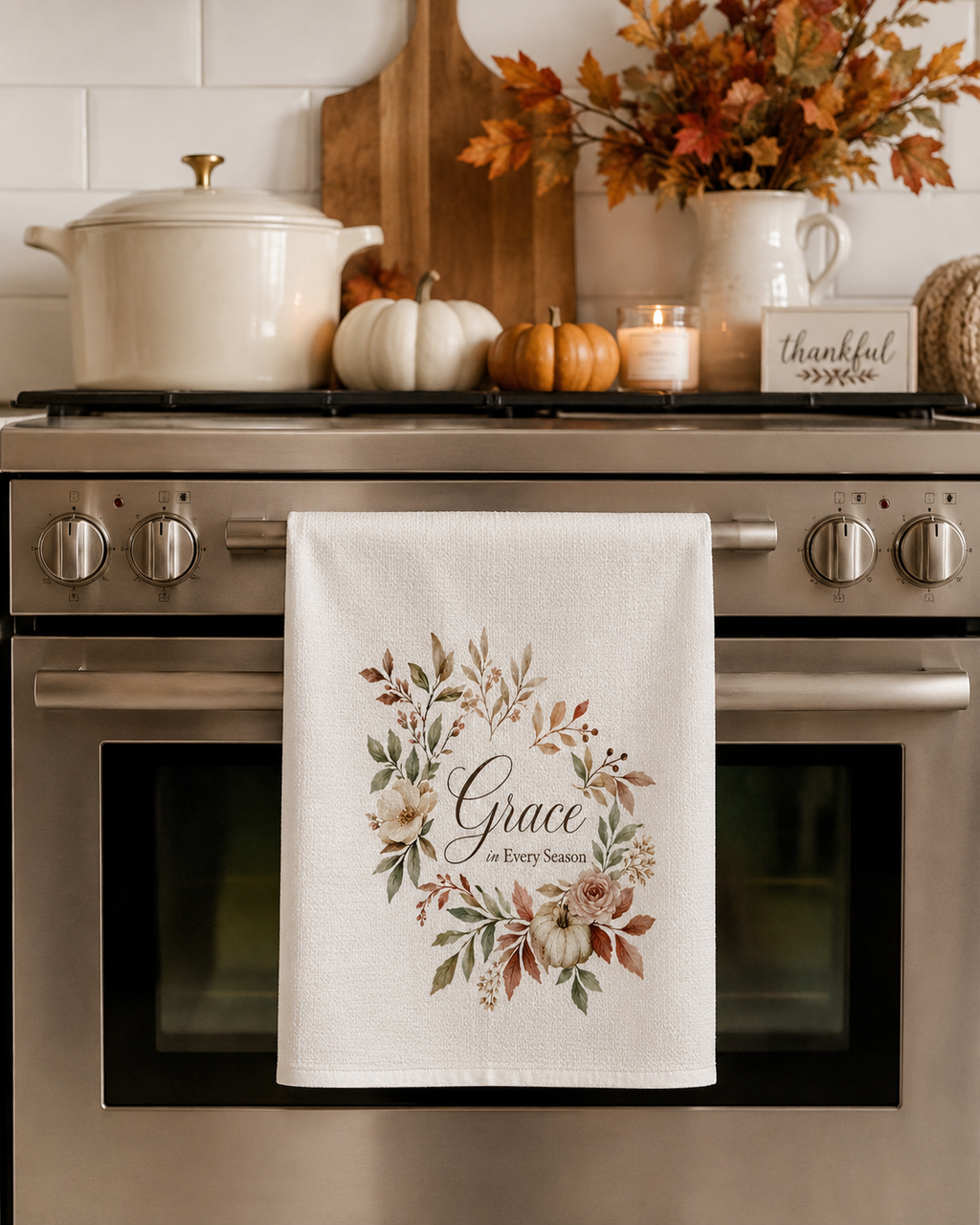 Grace in Every Season Tea Towel | Floral Wreath Kitchen Linen
