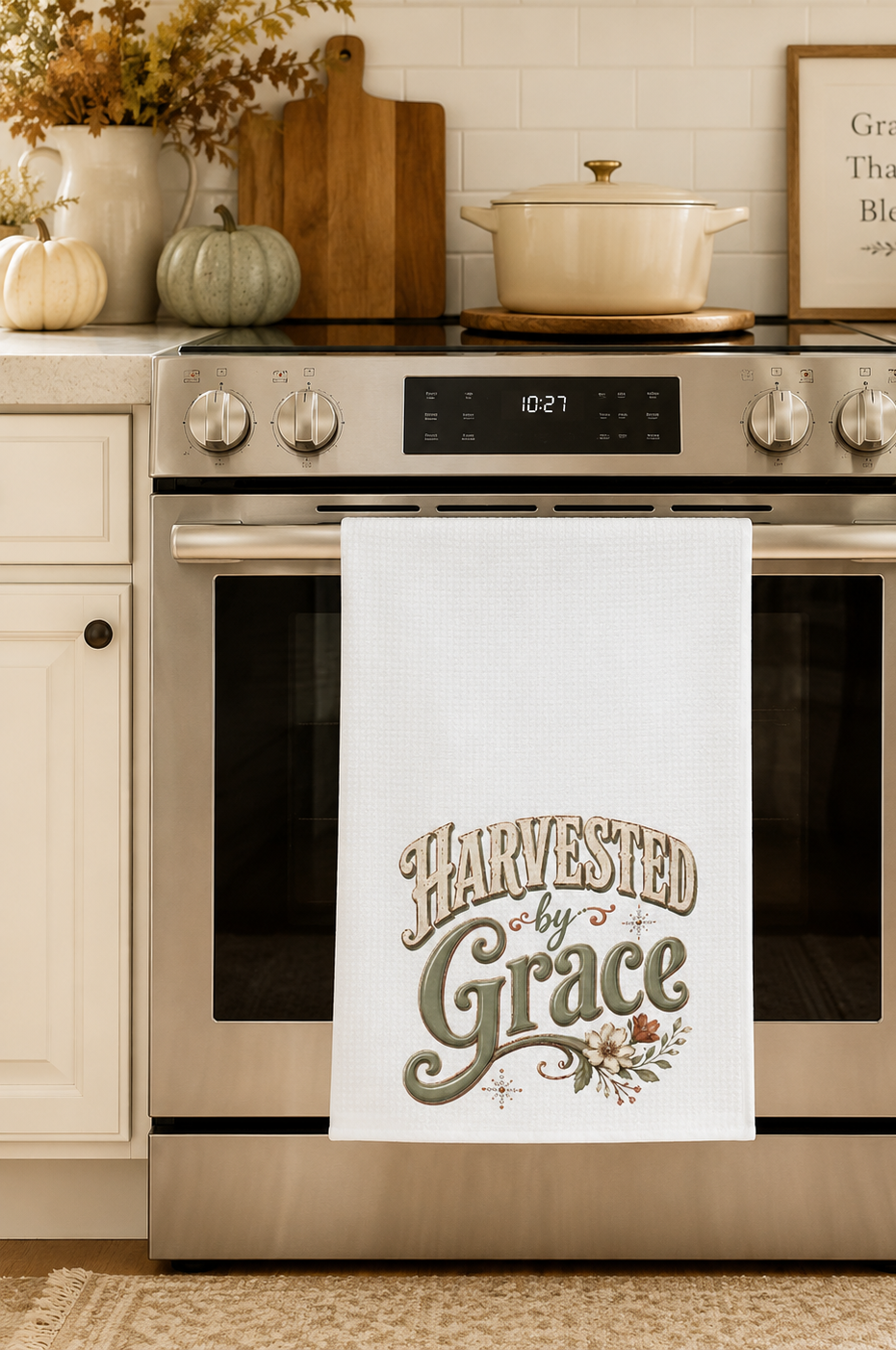 Harvested by Grace Microfiber Tea Towel | Fall Farmhouse Kitchen Decor