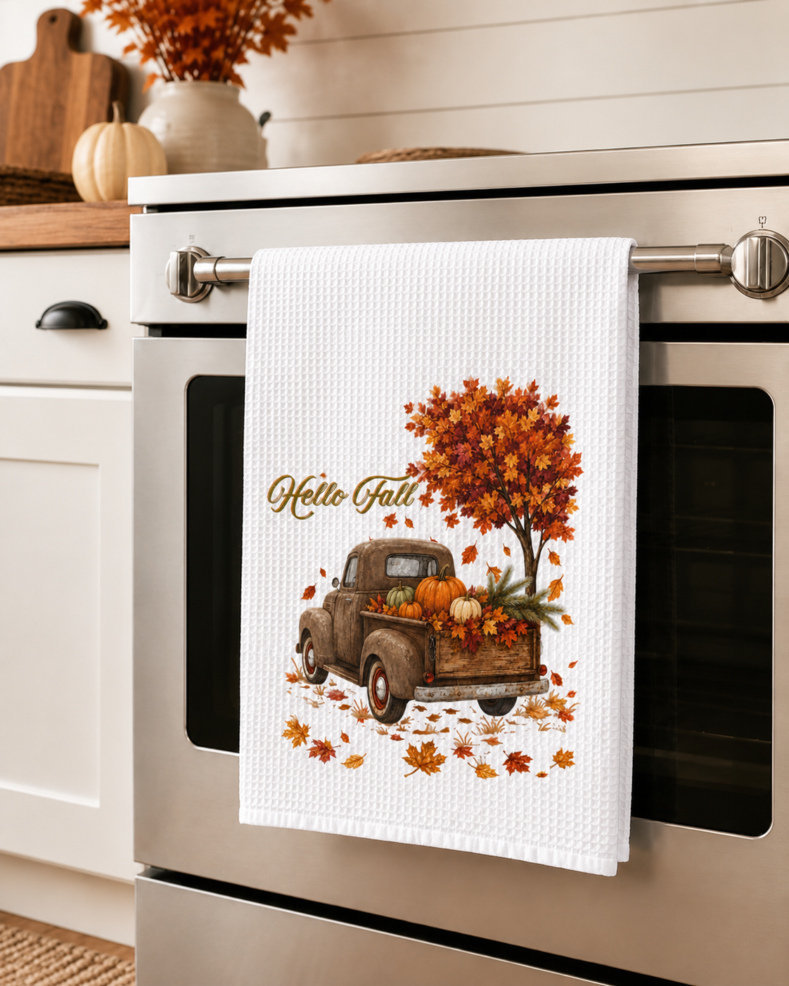 Fall Pumpkin Truck Kitchen Towel, Autumn Farmhouse Tea Towel, Vintage Red Truck Dish Towel, Cozy Fall Decor, Thanksgiving Hostess Gift