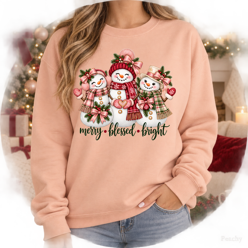 Christmas Sweatshirt, Cozy Comfort Colors Sweatshirt, Cute Winter Sweater, Snowman Sweatshirt, Merry Blessed Bright Snowman Family Tee