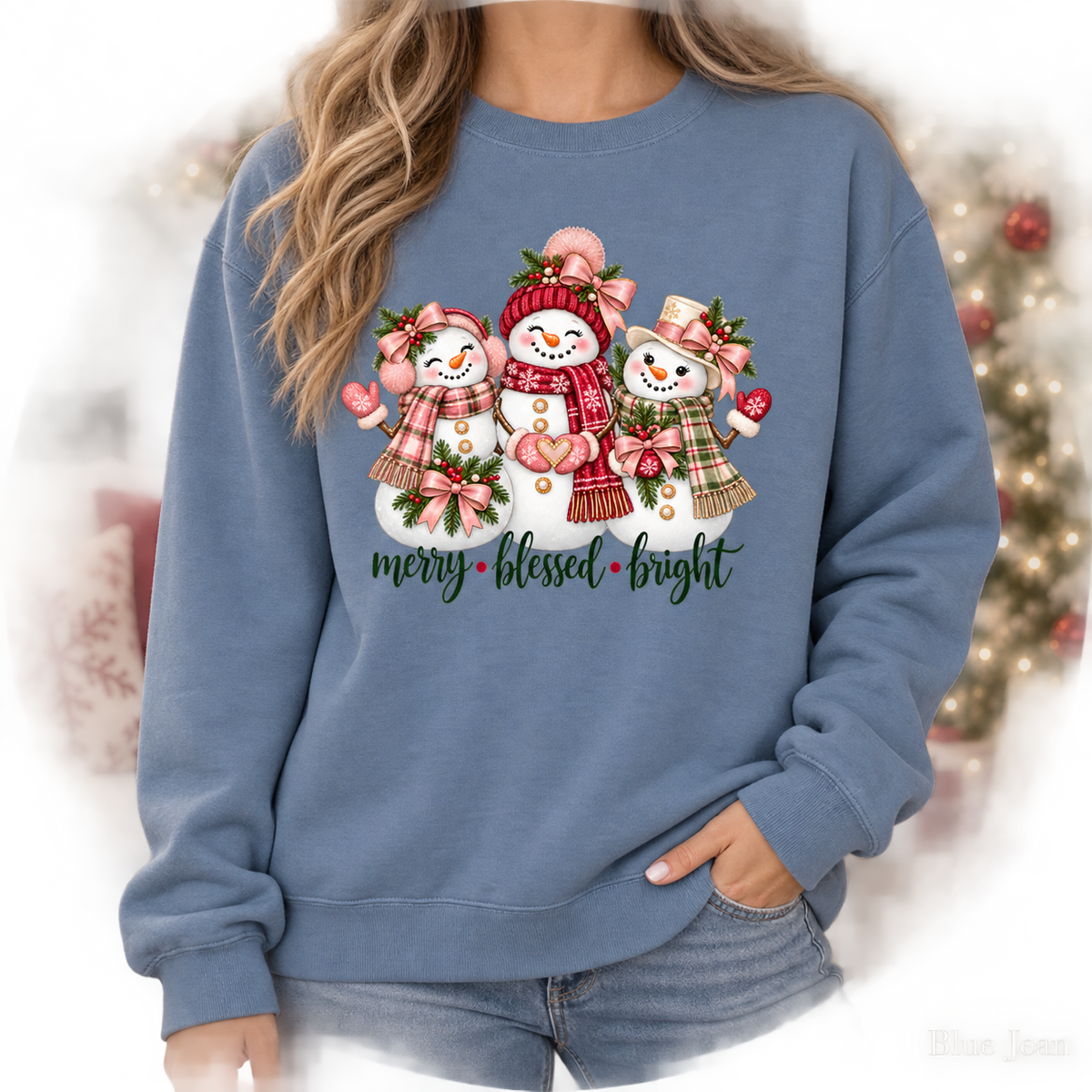 Christmas Sweatshirt, Cozy Comfort Colors Sweatshirt, Cute Winter Sweater, Snowman Sweatshirt, Merry Blessed Bright Snowman Family Tee