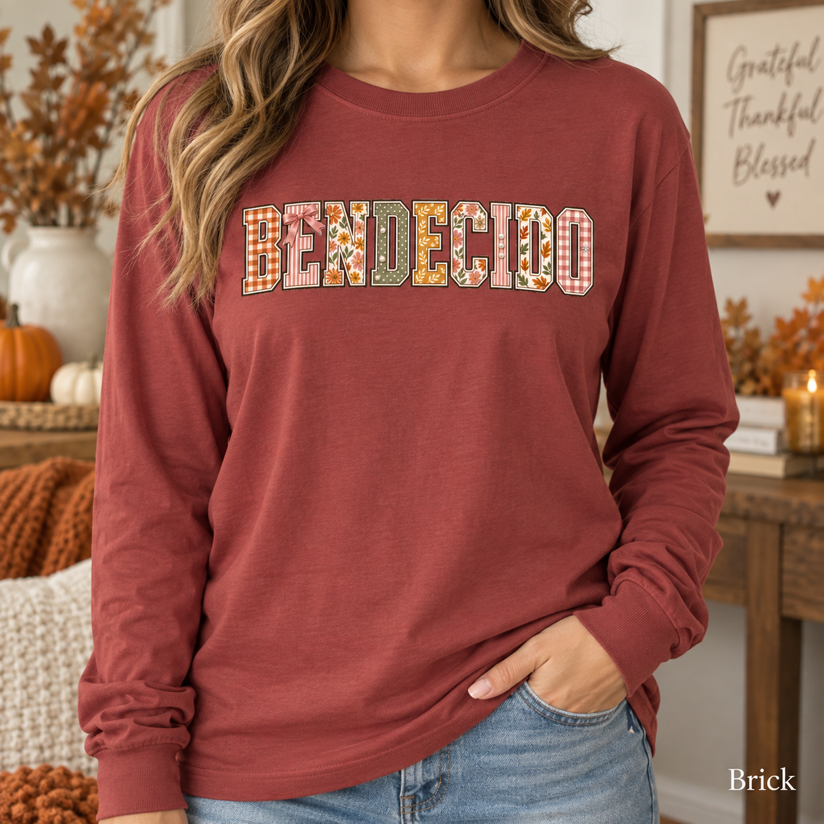 Fall Tee Bendecido Blessed Vintage Autumn Shirt, Patchwork Long Sleeve Tee, Faith Fall Long Sleeve Shirt Women's Cottagecore