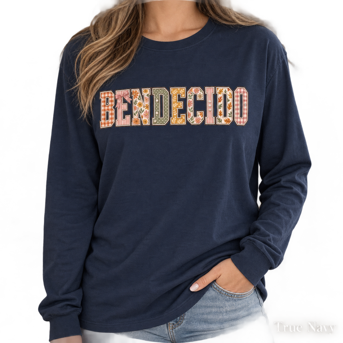 Fall Tee Bendecido Blessed Vintage Autumn Shirt, Patchwork Long Sleeve Tee, Faith Fall Long Sleeve Shirt Women's Cottagecore
