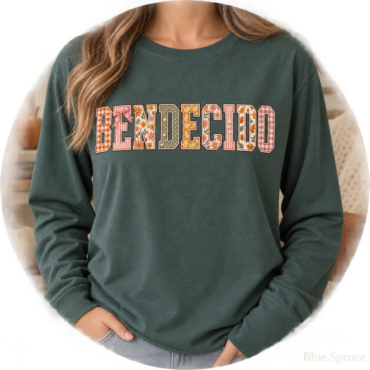 Fall Tee Bendecido Blessed Vintage Autumn Shirt, Patchwork Long Sleeve Tee, Faith Fall Long Sleeve Shirt Women's Cottagecore