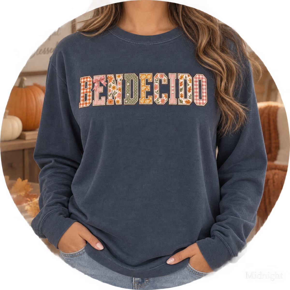 Fall Tee Bendecido Blessed Vintage Autumn Shirt, Patchwork Long Sleeve Tee, Faith Fall Long Sleeve Shirt Women's Cottagecore