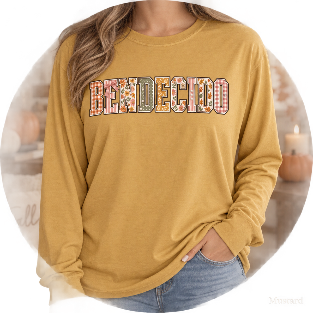 Fall Tee Bendecido Blessed Vintage Autumn Shirt, Patchwork Long Sleeve Tee, Faith Fall Long Sleeve Shirt Women's Cottagecore
