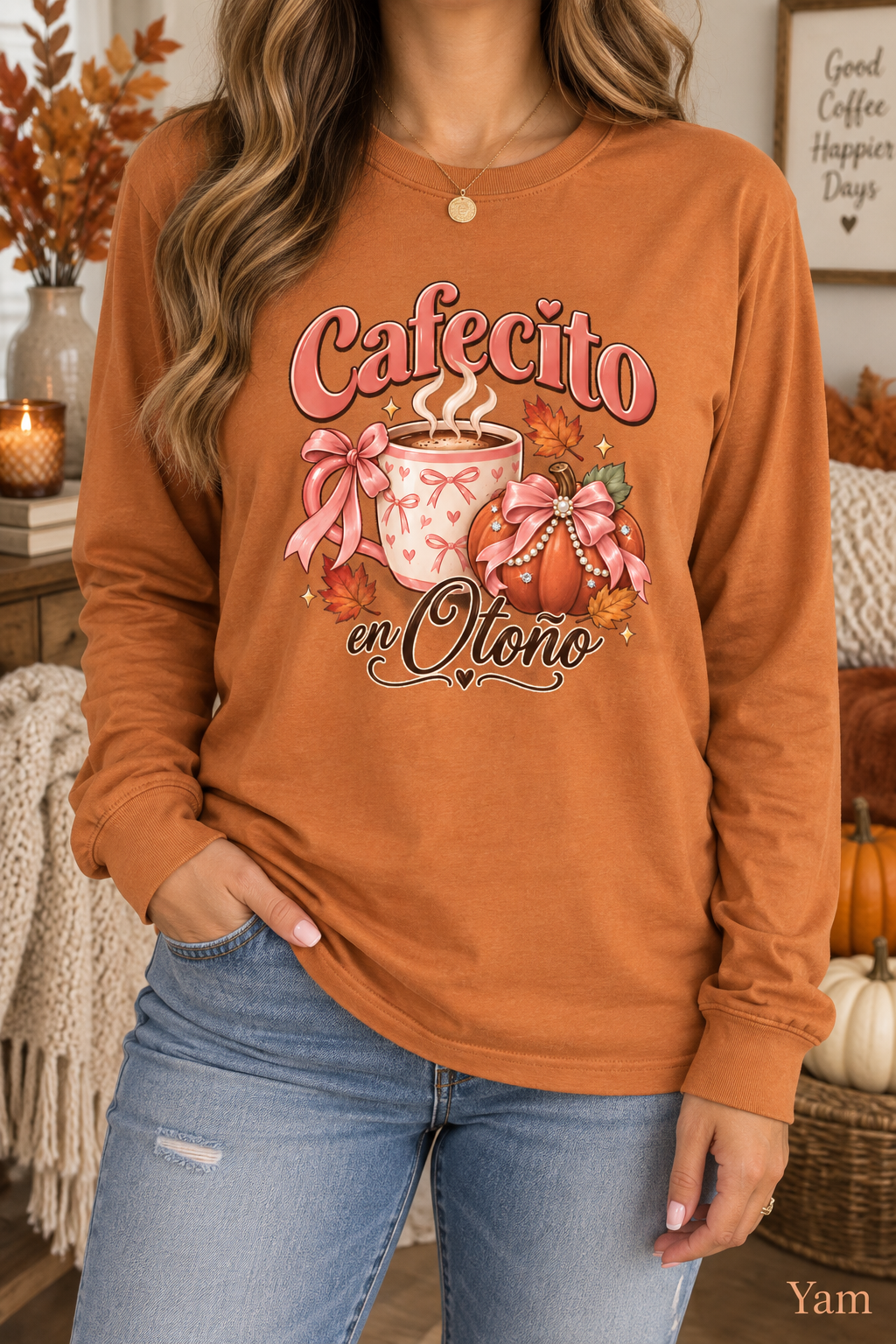 Cafecito en Otoño Fall Tee, Coffee Pumpkin Shirt, Fall Tshirt, Thanksgiving Tee, Pumpkin Spice Shirt, Spanish Fall Long Sleeve Tee