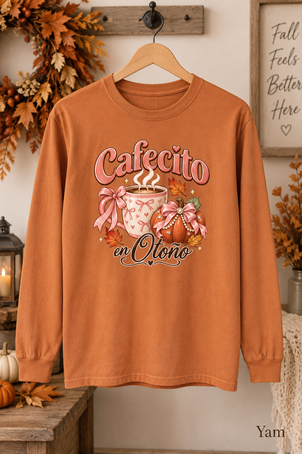 Cafecito en Otoño Fall Tee, Coffee Pumpkin Shirt, Fall Tshirt, Thanksgiving Tee, Pumpkin Spice Shirt, Spanish Fall Long Sleeve Tee