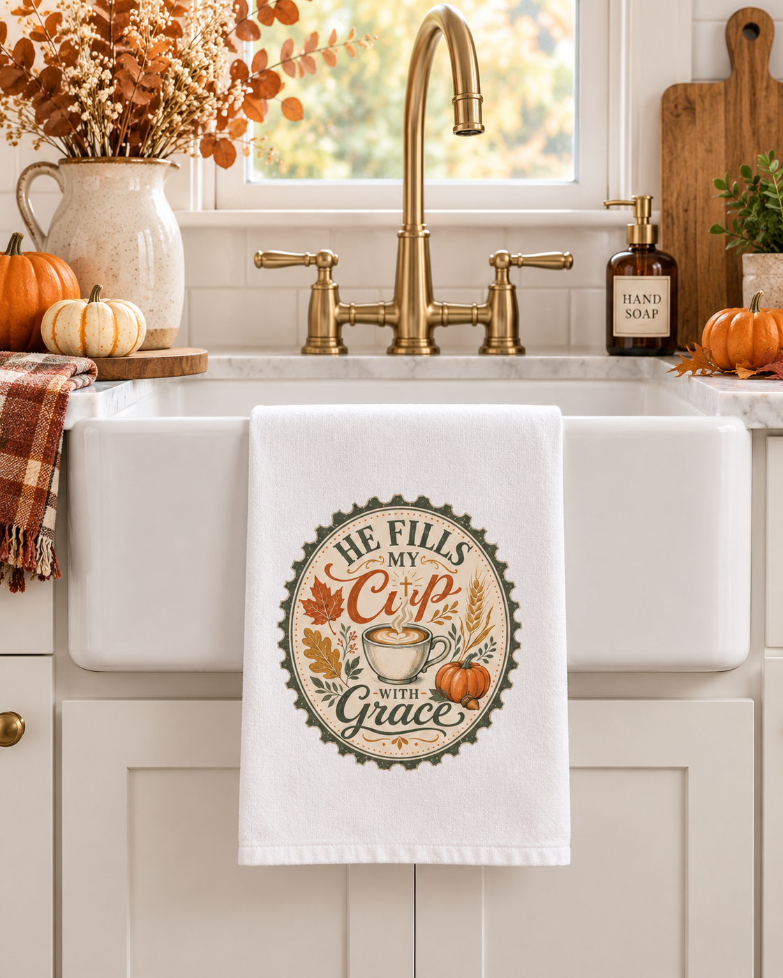 Coffee Lovers Kitchen Towel, Fall Home Decor Autumn Decor, He Fills My Cup With Grace Dish Towel, Christian Farmhouse Gift