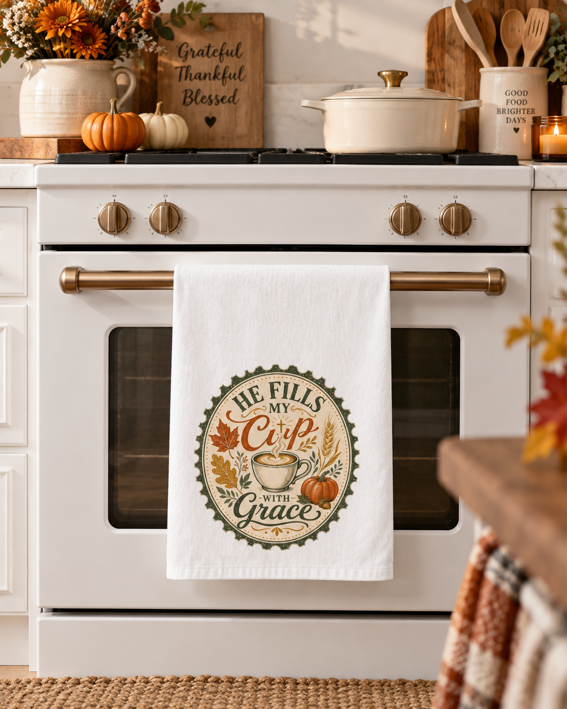 Coffee Lovers Kitchen Towel, Fall Home Decor Autumn Decor, He Fills My Cup With Grace Dish Towel, Christian Farmhouse Gift
