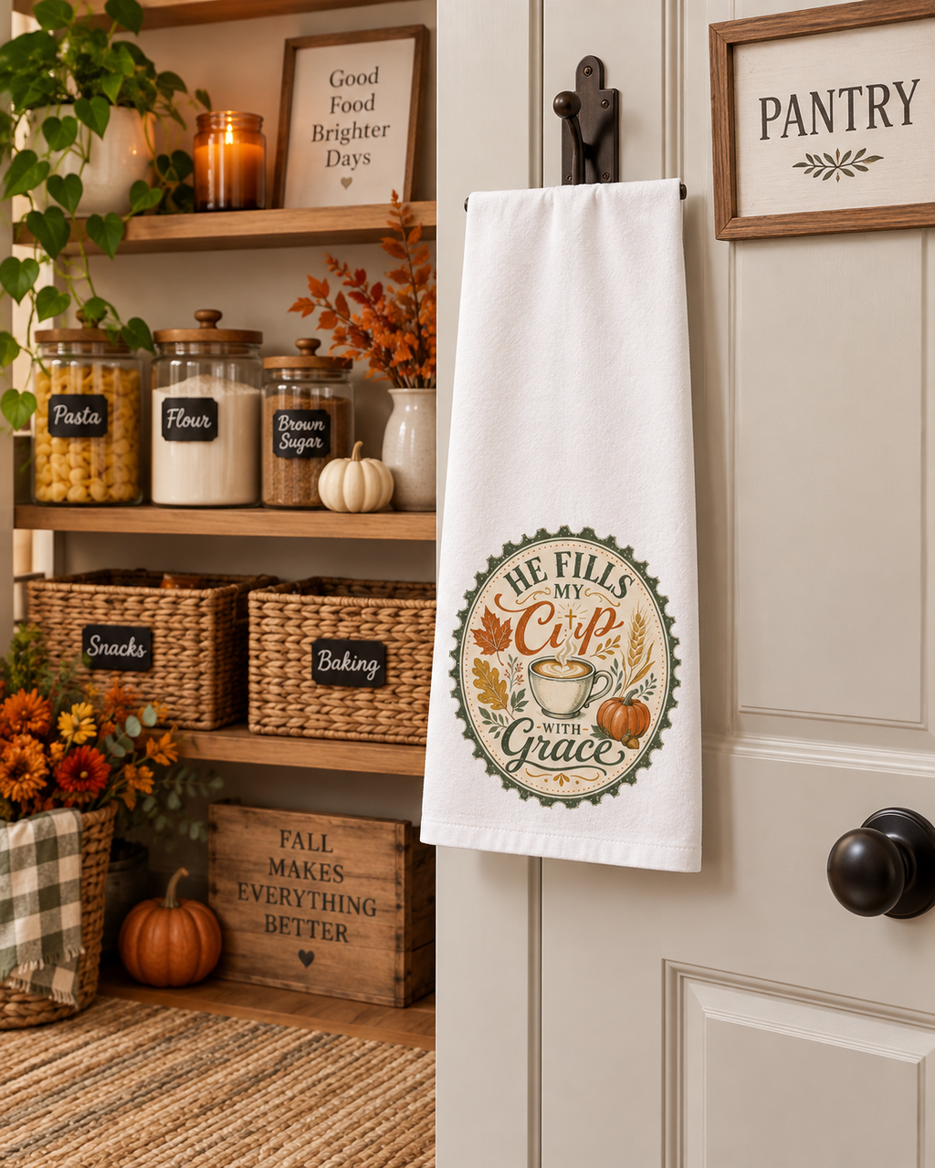 Coffee Lovers Kitchen Towel, Fall Home Decor Autumn Decor, He Fills My Cup With Grace Dish Towel, Christian Farmhouse Gift