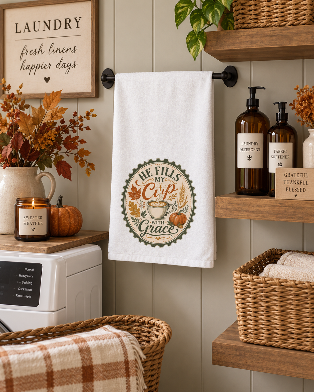 Coffee Lovers Kitchen Towel, Fall Home Decor Autumn Decor, He Fills My Cup With Grace Dish Towel, Christian Farmhouse Gift
