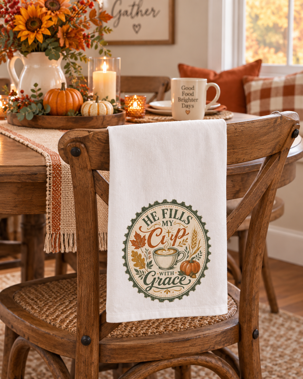 Coffee Lovers Kitchen Towel, Fall Home Decor Autumn Decor, He Fills My Cup With Grace Dish Towel, Christian Farmhouse Gift