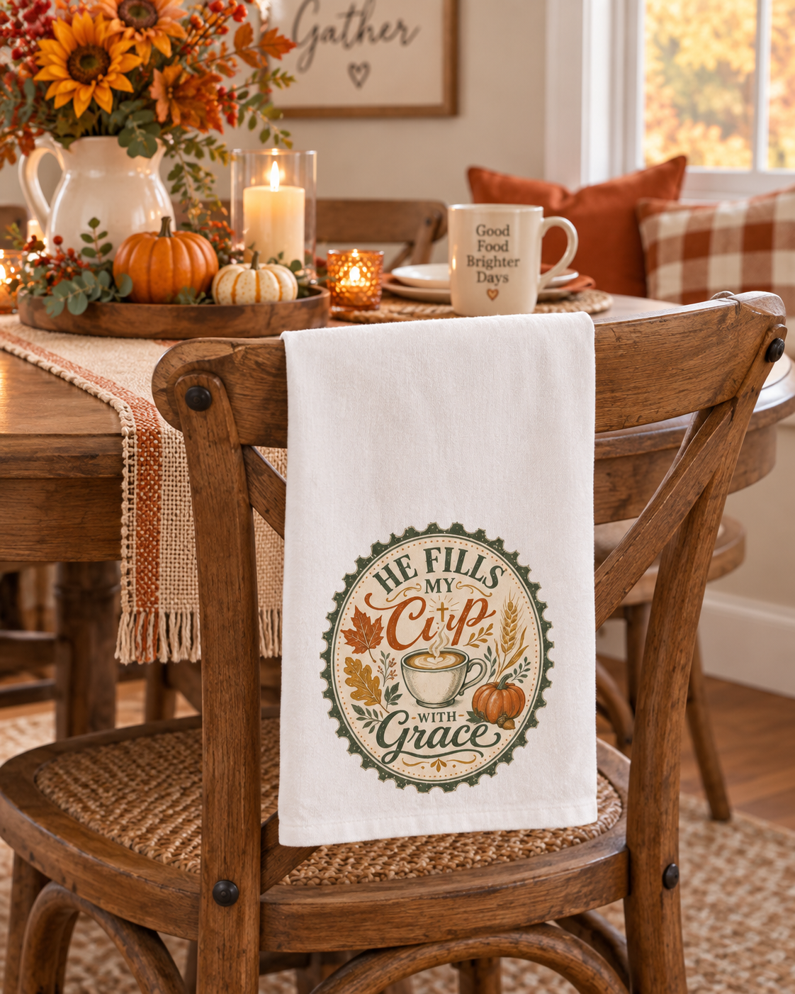 Coffee Lovers Kitchen Towel, Fall Home Decor Autumn Decor, He Fills My Cup With Grace Dish Towel, Christian Farmhouse Gift