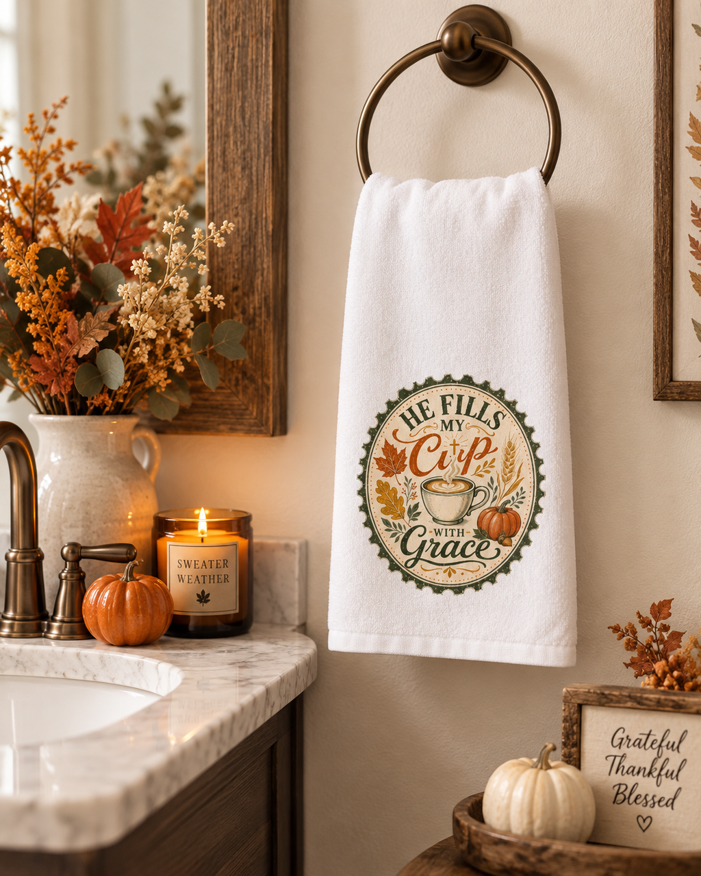 Coffee Lovers Kitchen Towel, Fall Home Decor Autumn Decor, He Fills My Cup With Grace Dish Towel, Christian Farmhouse Gift
