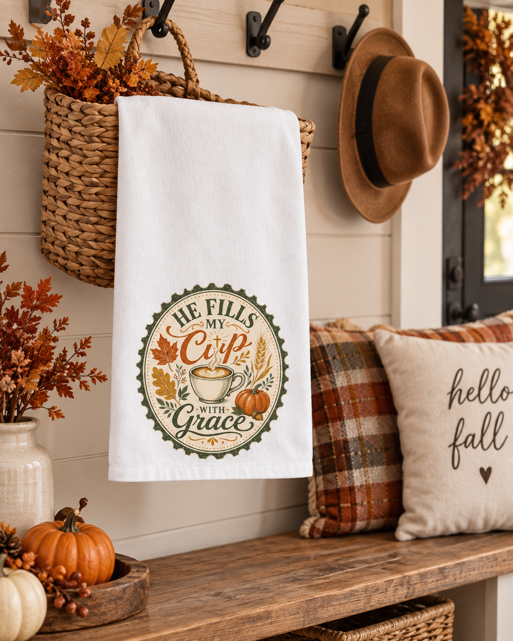 Coffee Lovers Kitchen Towel, Fall Home Decor Autumn Decor, He Fills My Cup With Grace Dish Towel, Christian Farmhouse Gift
