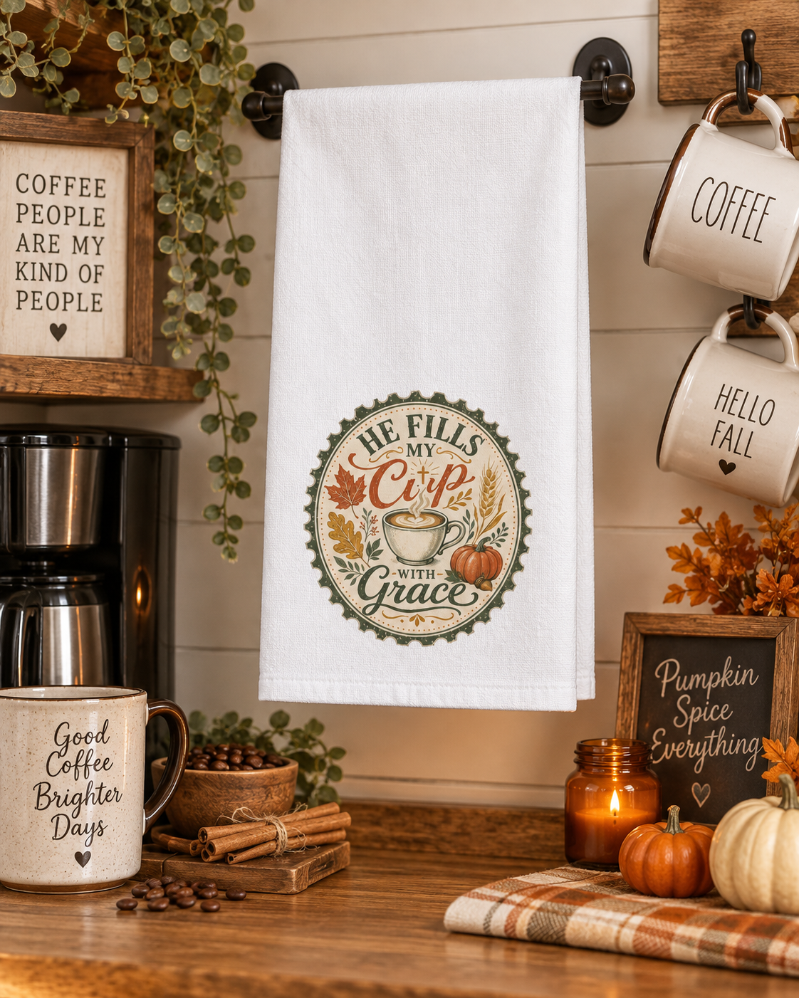 Coffee Lovers Kitchen Towel, Fall Home Decor Autumn Decor, He Fills My Cup With Grace Dish Towel, Christian Farmhouse Gift