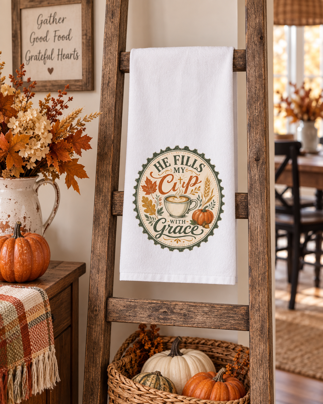 Coffee Lovers Kitchen Towel, Fall Home Decor Autumn Decor, He Fills My Cup With Grace Dish Towel, Christian Farmhouse Gift